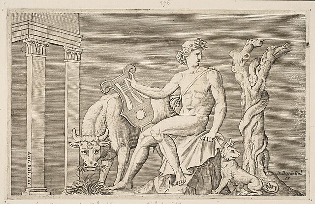 Apollo tending the flocks of Admetus, Apollo seated holding a lyre and flanked by a cow and a dog, a serpent winding around a dead tree at right MET