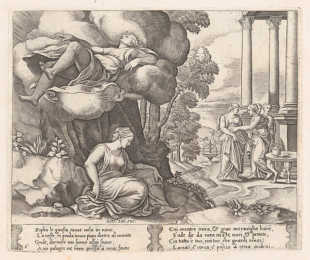 Plate 6- Zephyr carrying Psyche to an enchanted palace, from the Story of Cupid and Psyche as told by Apuleius（1530年）