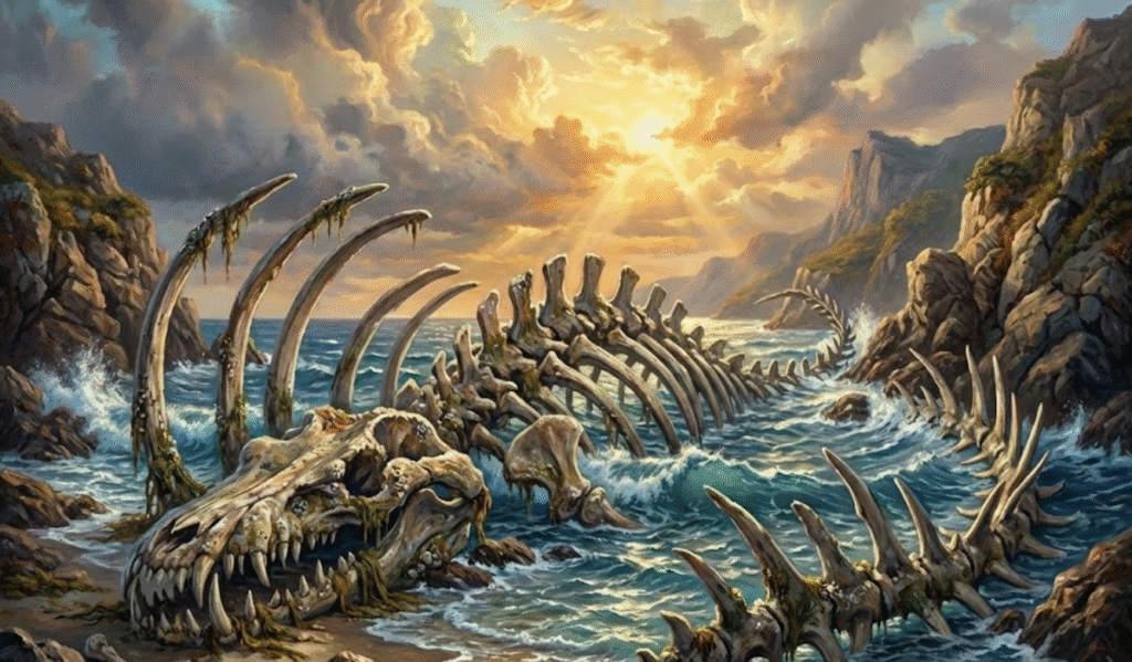 海獣同士の戦いで敗れた方の「コインヘン」の骨が打ち上げられているイメージ