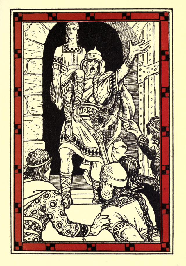 Fergus mac Róich carrying Sétanta on his shoulder.（1909年）