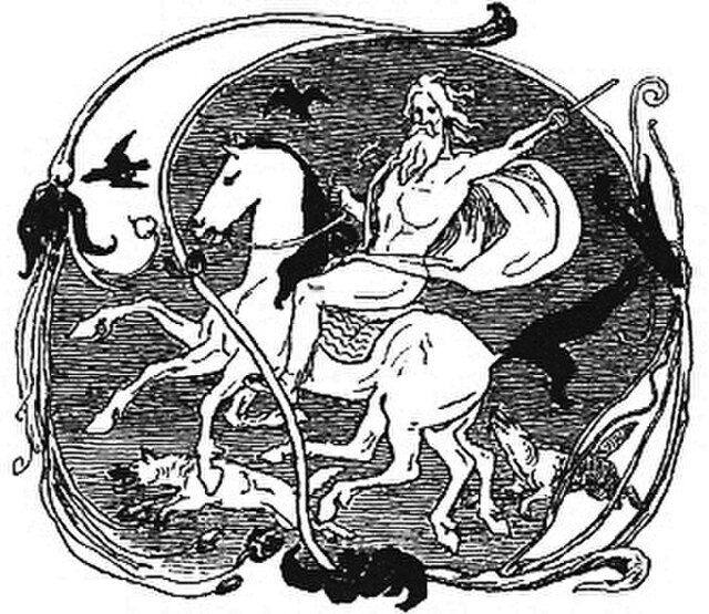 Odin, Sleipnir, Geri, Freki, Huginn and Muninn by Frølich.(1895年)