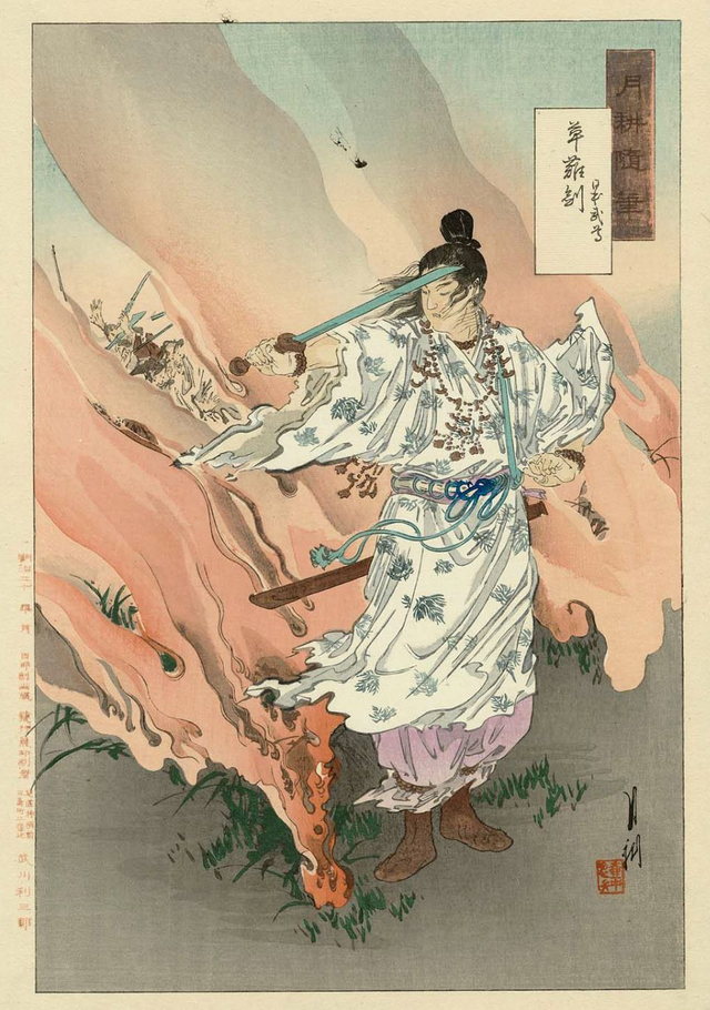 Yamato-Takeru-with-Sword-Kusanagi-no-Tsurugi-by-Ogata-Gekko.（1887年）