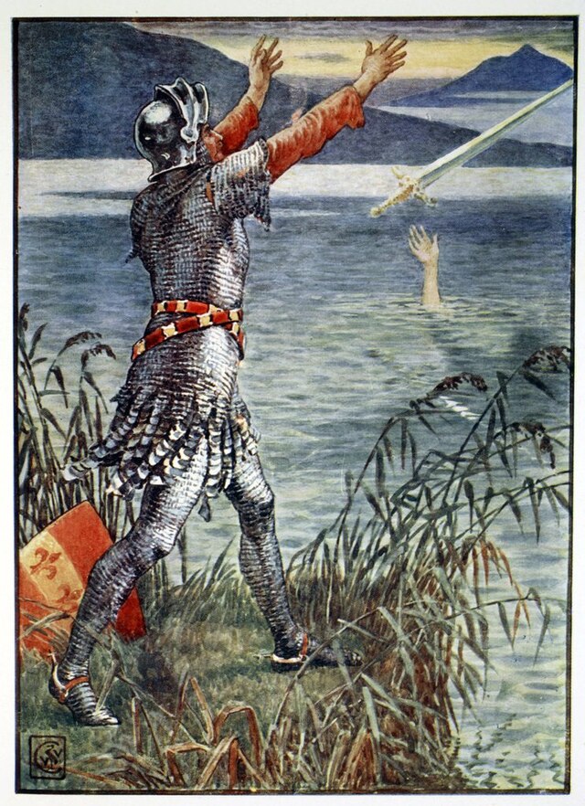 King Arthur Sir Bedivere throwing Excalibur into the lake by Walter Crane.(1845年)