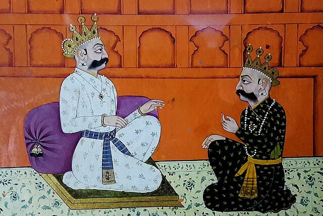 Yudhisthira talk with arjuna from Bhagavata purana series by manaku.（1760年）