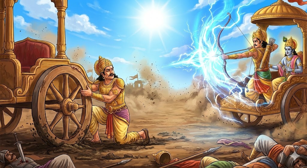 ヴィジャヤを置いたカルナを狙うアルジュナ