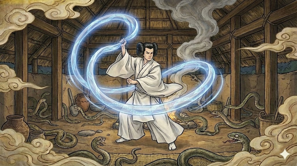 蛇の室で蛇の比礼を振るオオクニヌシ