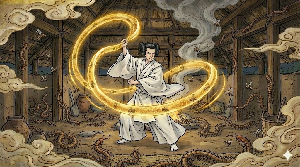 ムカデと蜂の室で蜂の比礼を振るオオクニヌシ