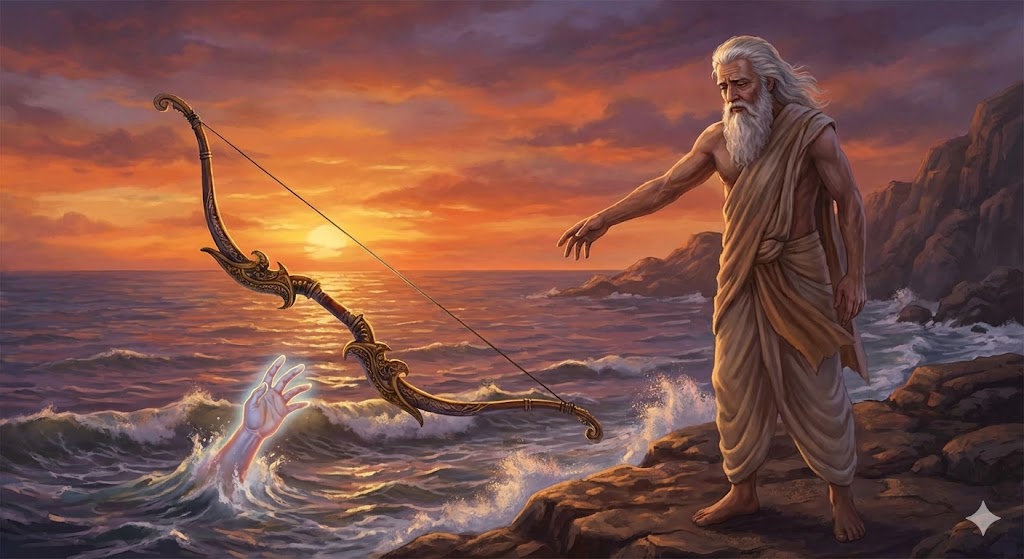 ガーンディーヴァを海に返すアルジュナのイメージ