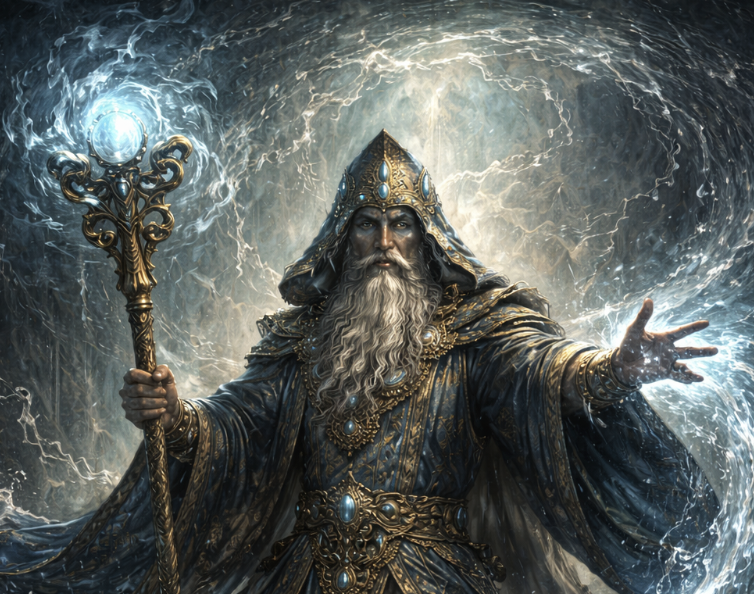 「水を操る賢者」や「古代の魔術師」イメージ