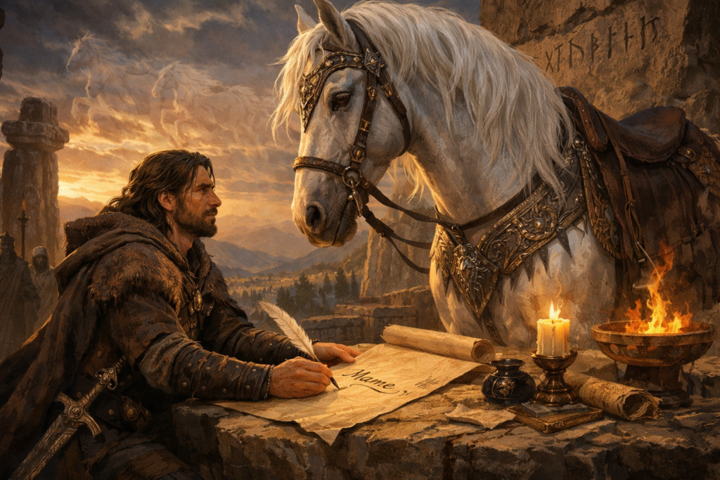 伝説の愛馬に名前をつけるイメージ