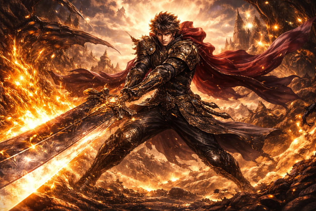 「巨大武器(大剣・大斧)を振るう主人公」イメージ