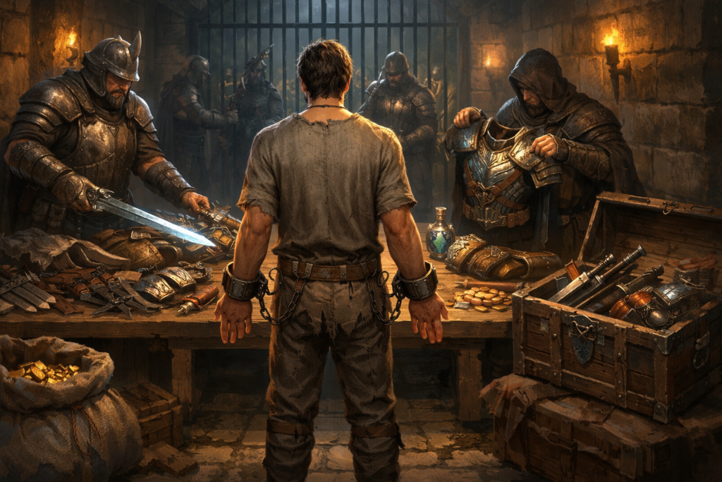 「ゲーム開始時に全装備を没収される」展開イメージ