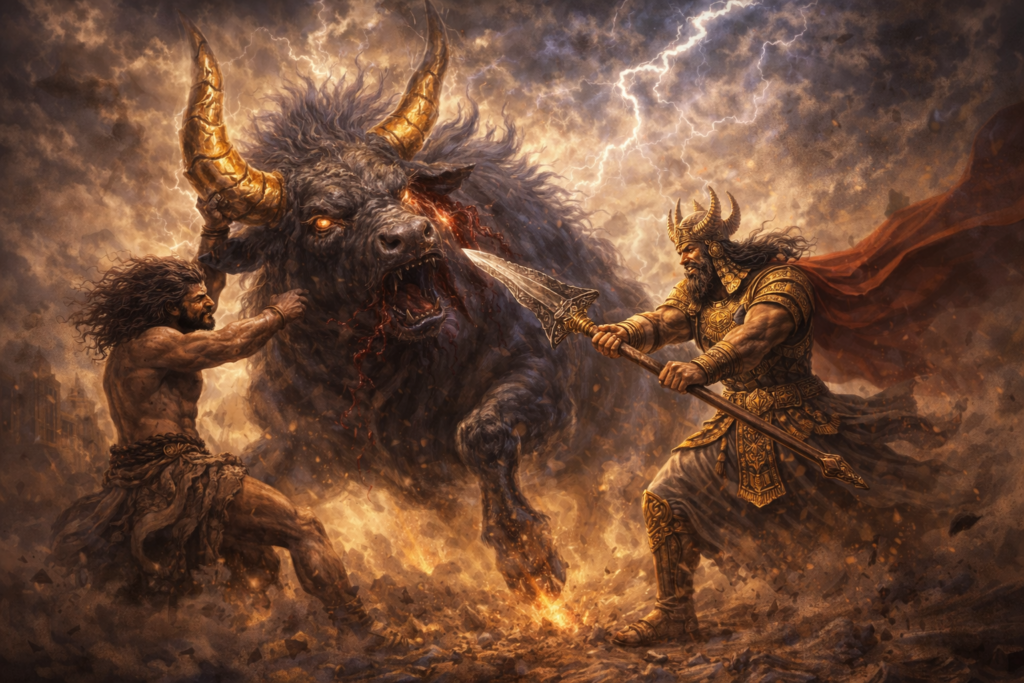 天の牡牛(グガランナ)とギルガメシュ&エンキドゥとの激闘