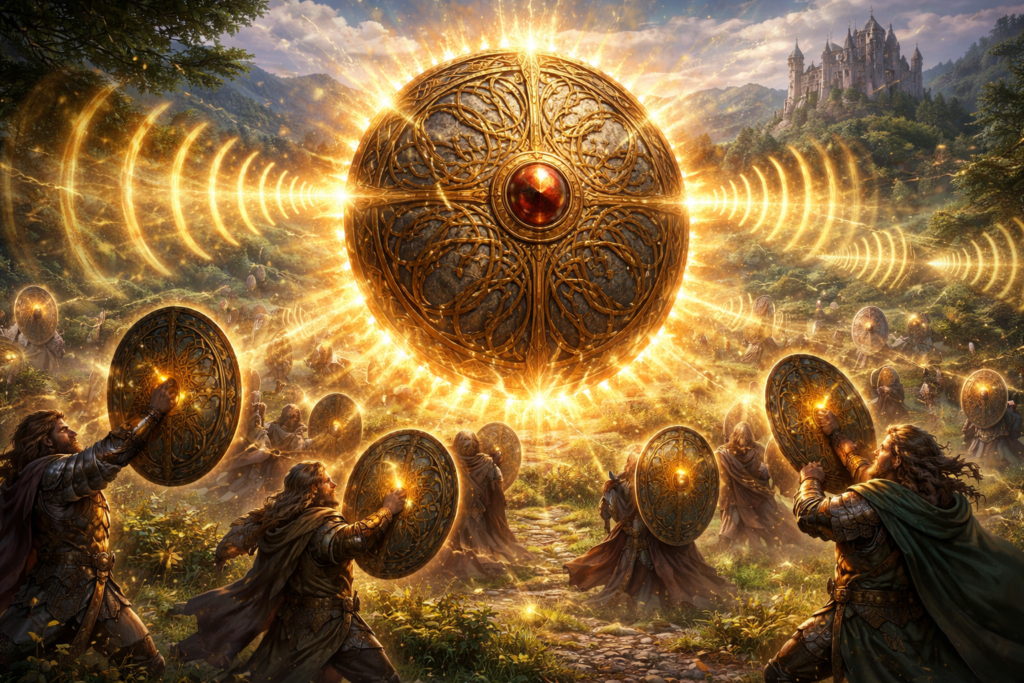 オハンに呼応してアルスター(アイルランド北部の王国)のすべての戦士たちが持つ盾が一斉に鳴り響くイメージ