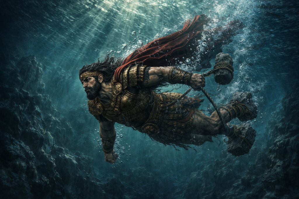 ギルガメシュの足に重りを結びつける「決死のダイブ」イメージ