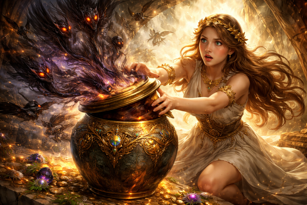 パンドラと厄災が飛び出す壺イメージ