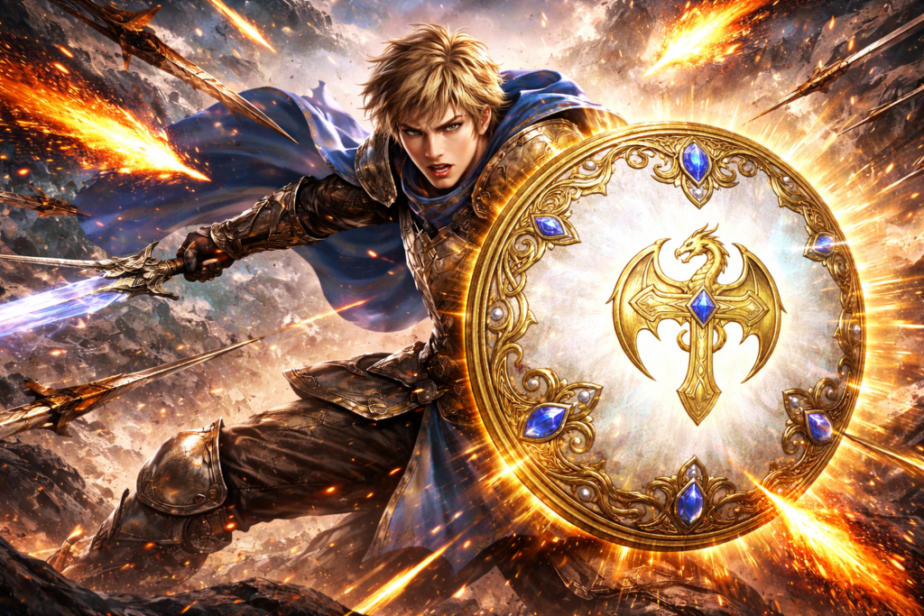 猛攻を盾で防ぐ勇者イメージ