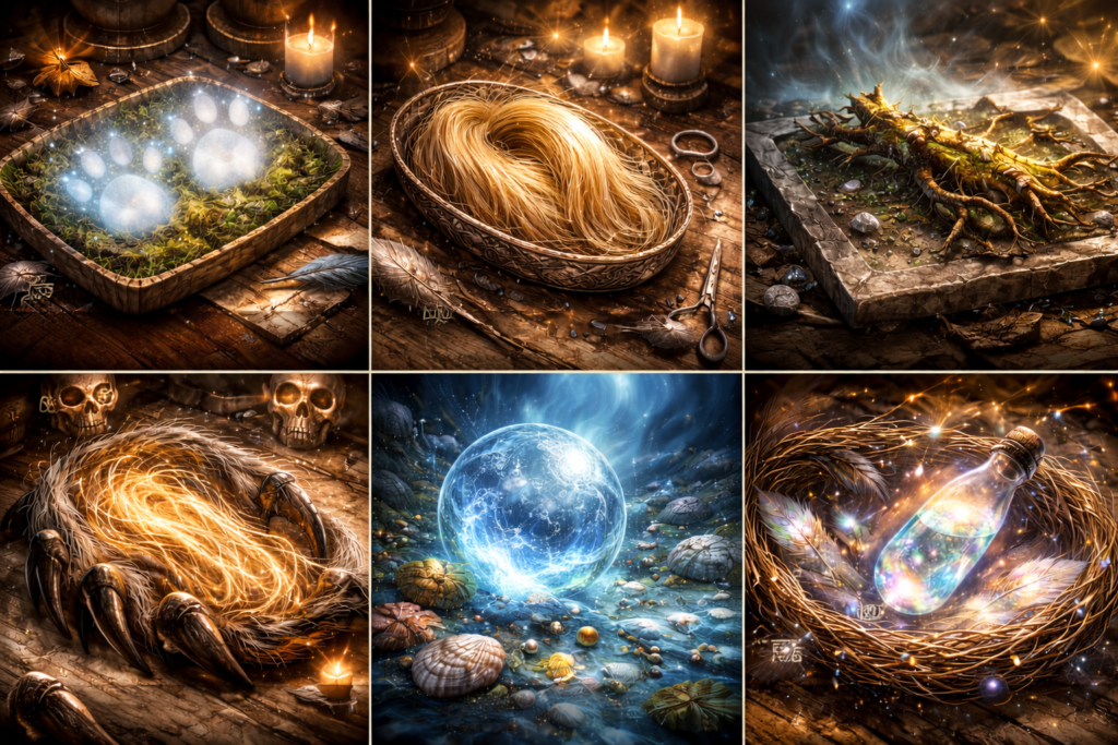 「猫の足音」「女の髭」「山の根」「熊の神経」「魚の息」「鳥の唾液」イメージ