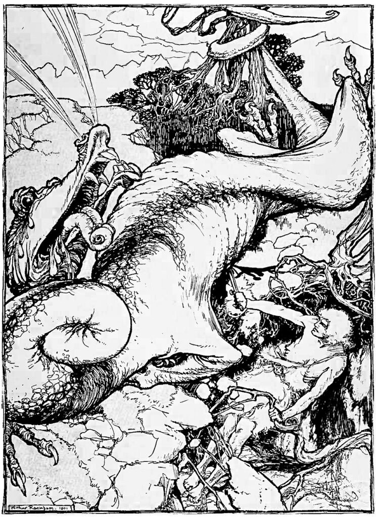 Sigurd pierced him with his sword (1901) by Arthur Rackham.（1901年）